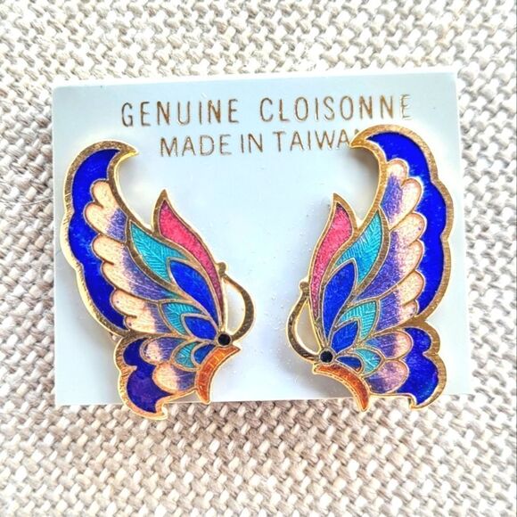 New! Cloisonne Butterfly Wings Mosaic Clip-On Earrings - Picture 1 of 3